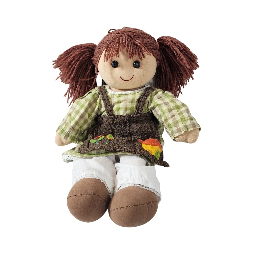 Vintage Hopscotch Rag Doll Brown Yarn Pigtails Gingham Dress Cottagecore 15 inch